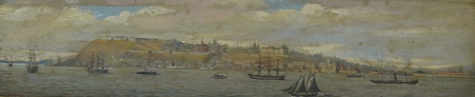 J. MacNaughton, oil on board, Panoramic port scene with ships, signed, 11.5 x 55cm, ornate gilt framed. Condition - fair, would benefit from a clean